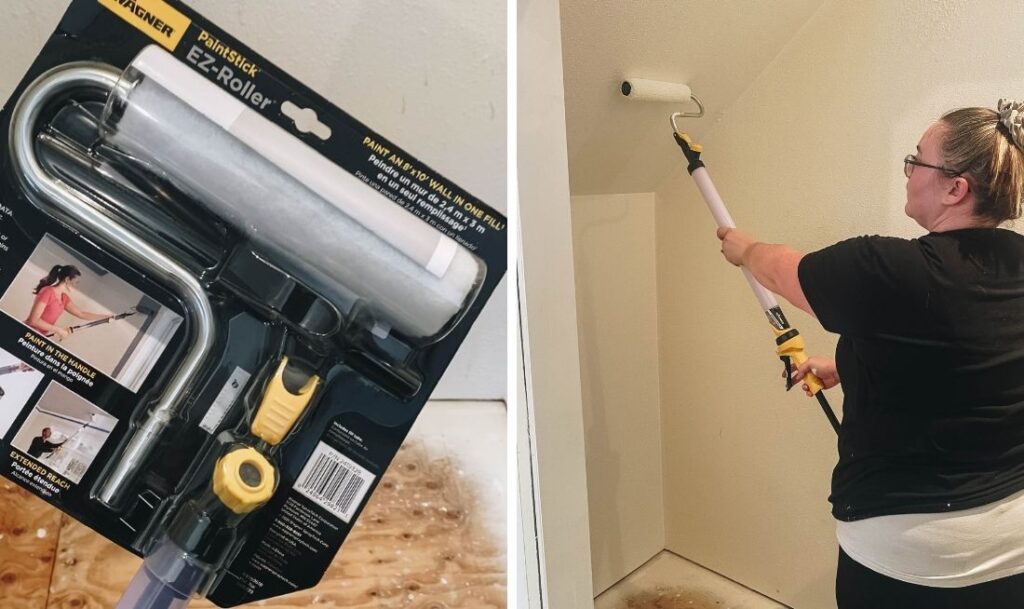 photo on left is of the EZ Roller in packaging, right photo is a person painting the wall with the EZ Roller