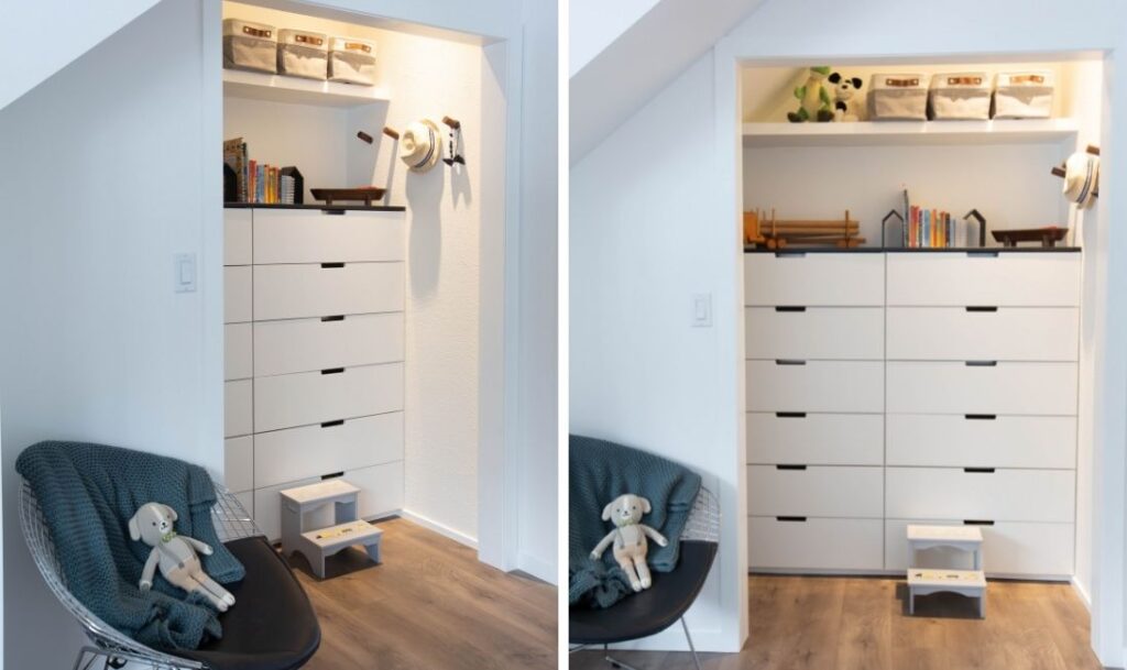 photo shows two angles of the new closet, finished in all white paint using the EZ Roller