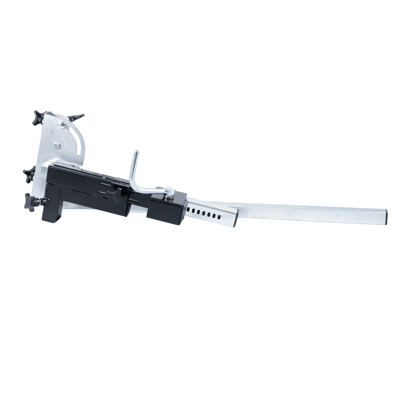 Silver and black adjustable clamping arm for line marking sprayers