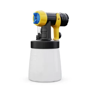 Handheld black and yellow electric paint sprayer with white tank.