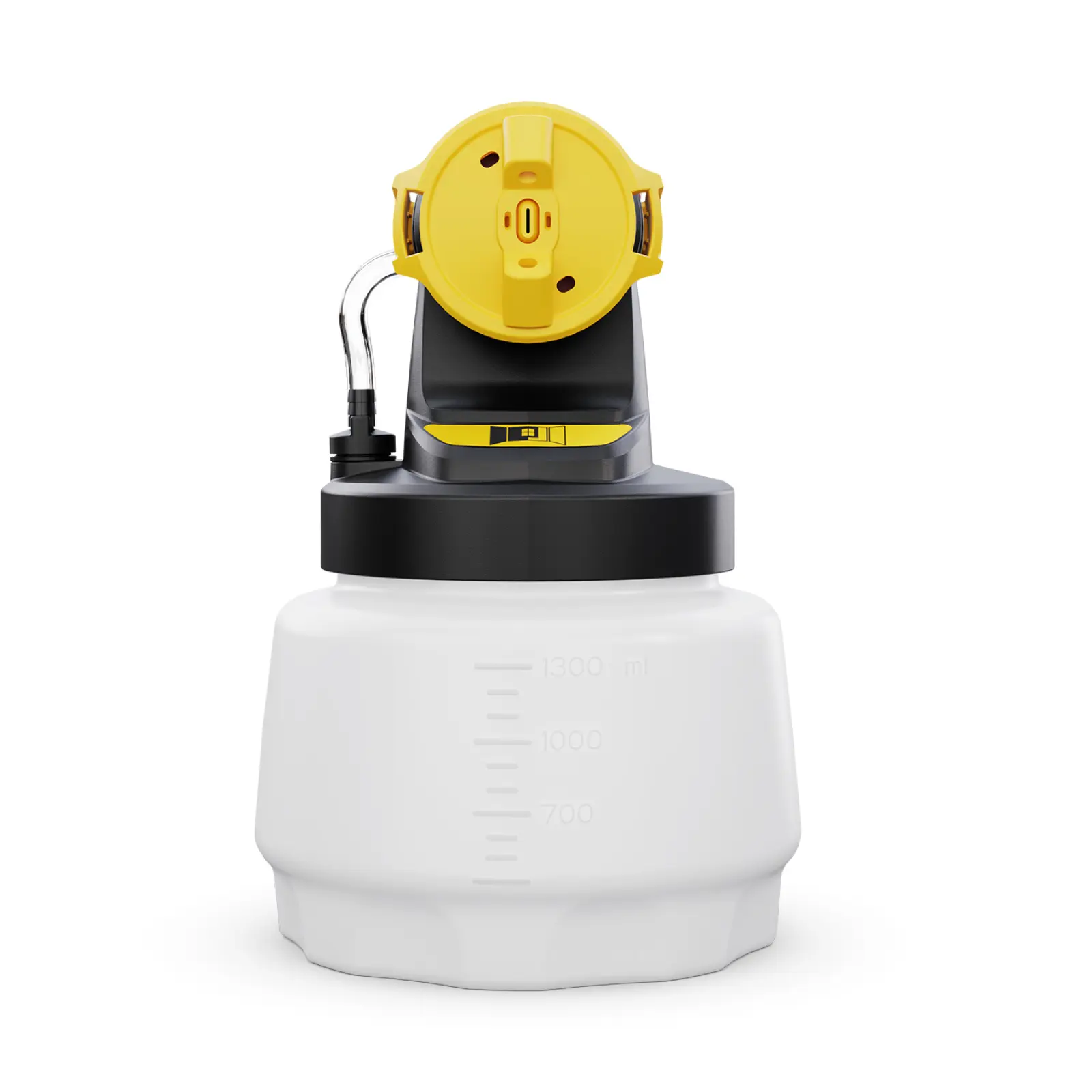 Handheld paint sprayer attachment with yellow nozzle and white tank.