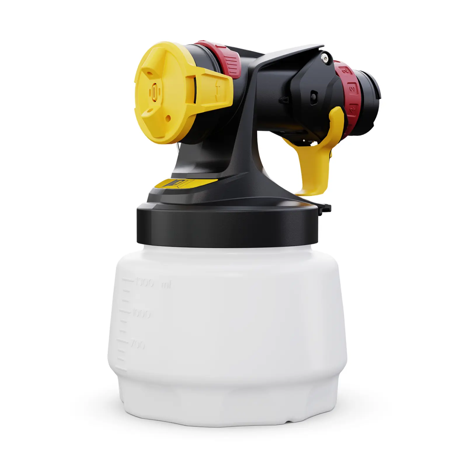 Black and yellow HVLP paint sprayer with translucent white container.