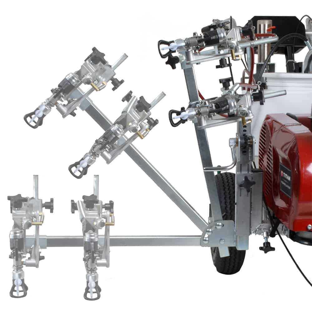 Line marking sprayer with extendable arm moving up and down