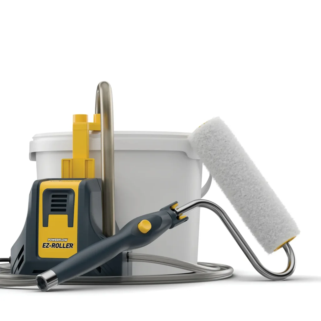 Powerflow EZ-ROLLER electric paint roller system with bucket on white.