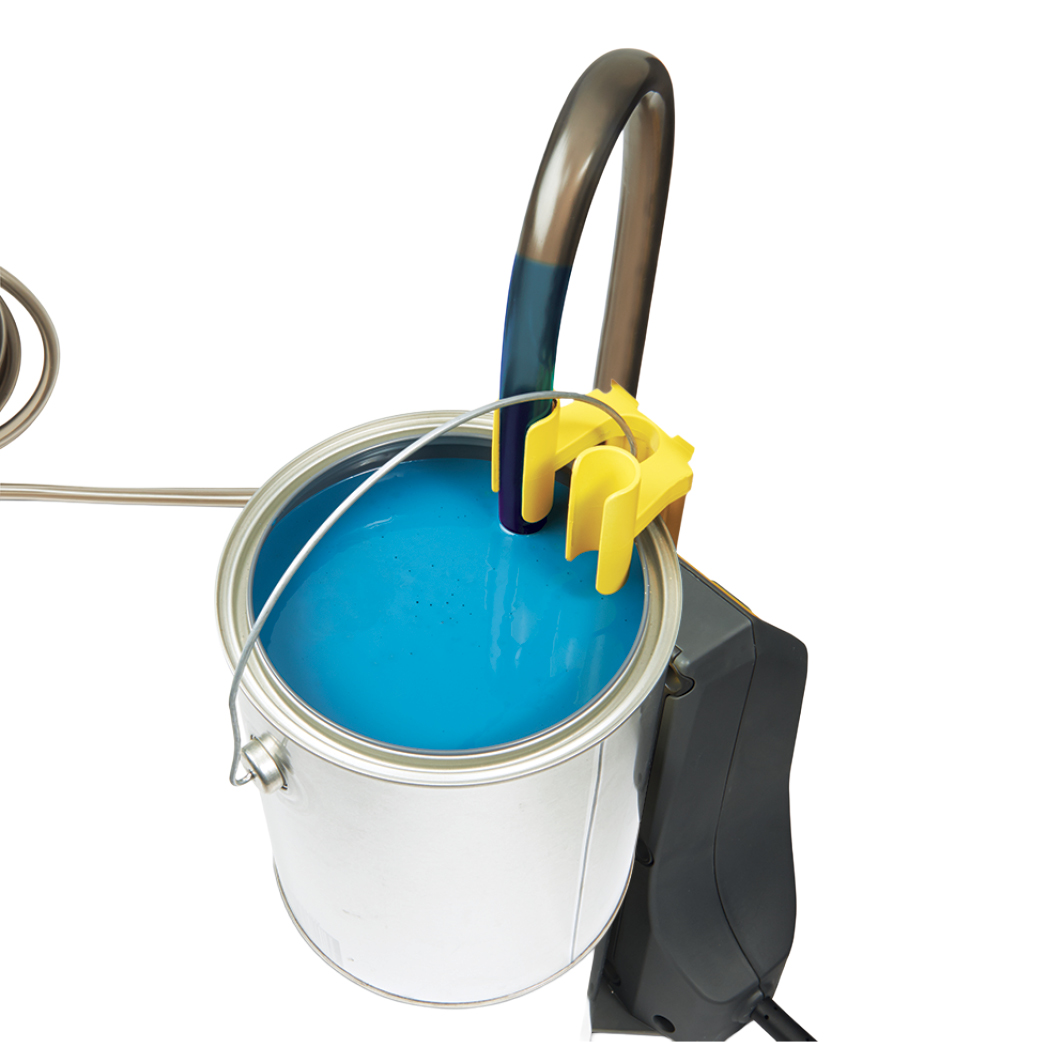 Blue paint in can with automatic stirrer accessory.