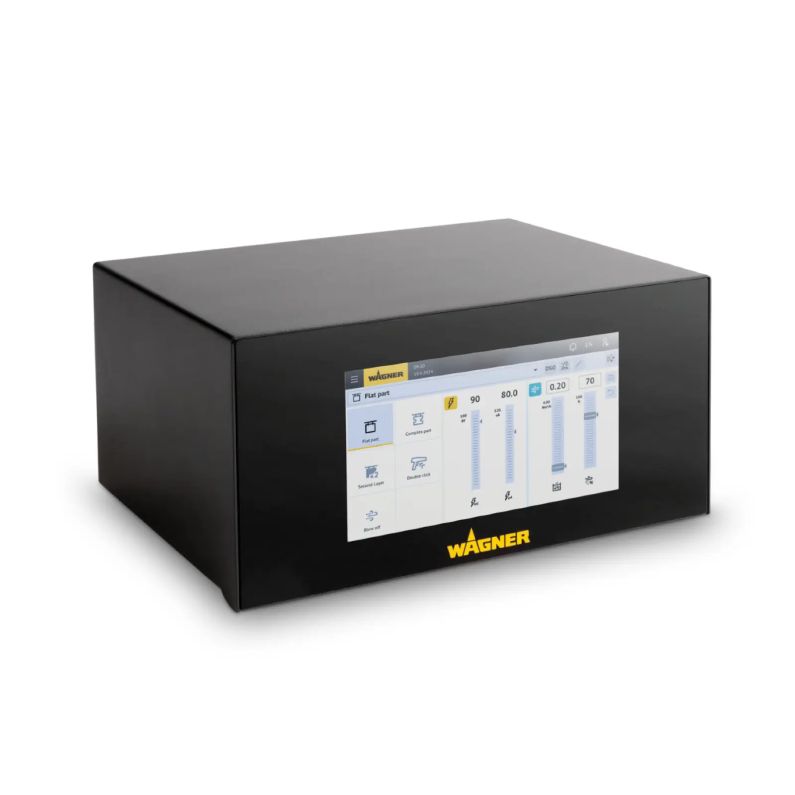 Wagner industrial control panel with touchscreen interface on white background.
