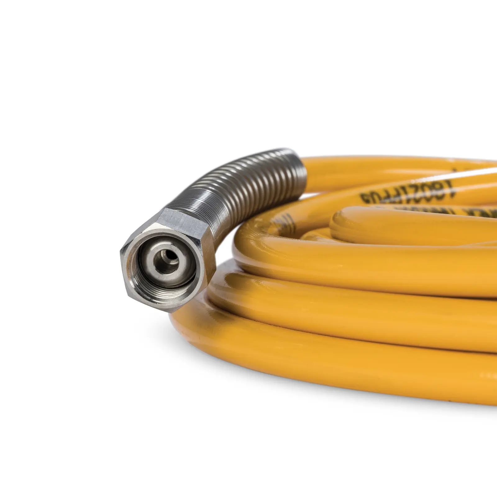 Yellow coiled gas hose with metallic connector on white background.