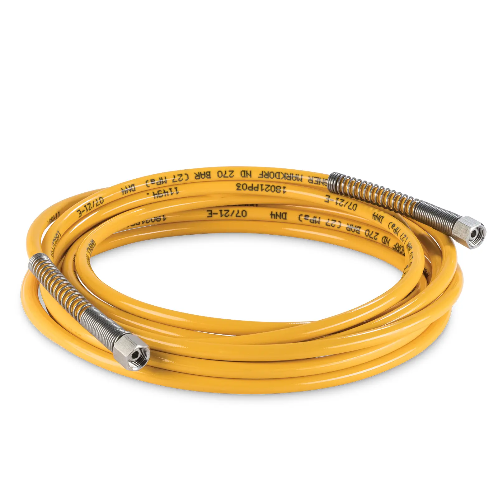 Yellow coiled high-pressure hose with metal fittings on white background.