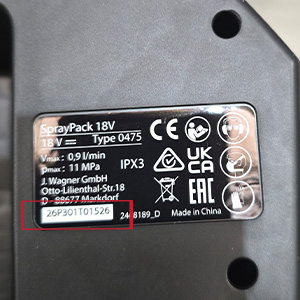 Technical specification label on a black SprayPack 18V device.