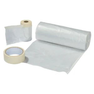 Rolls of plastic masking film and cream masking tape.